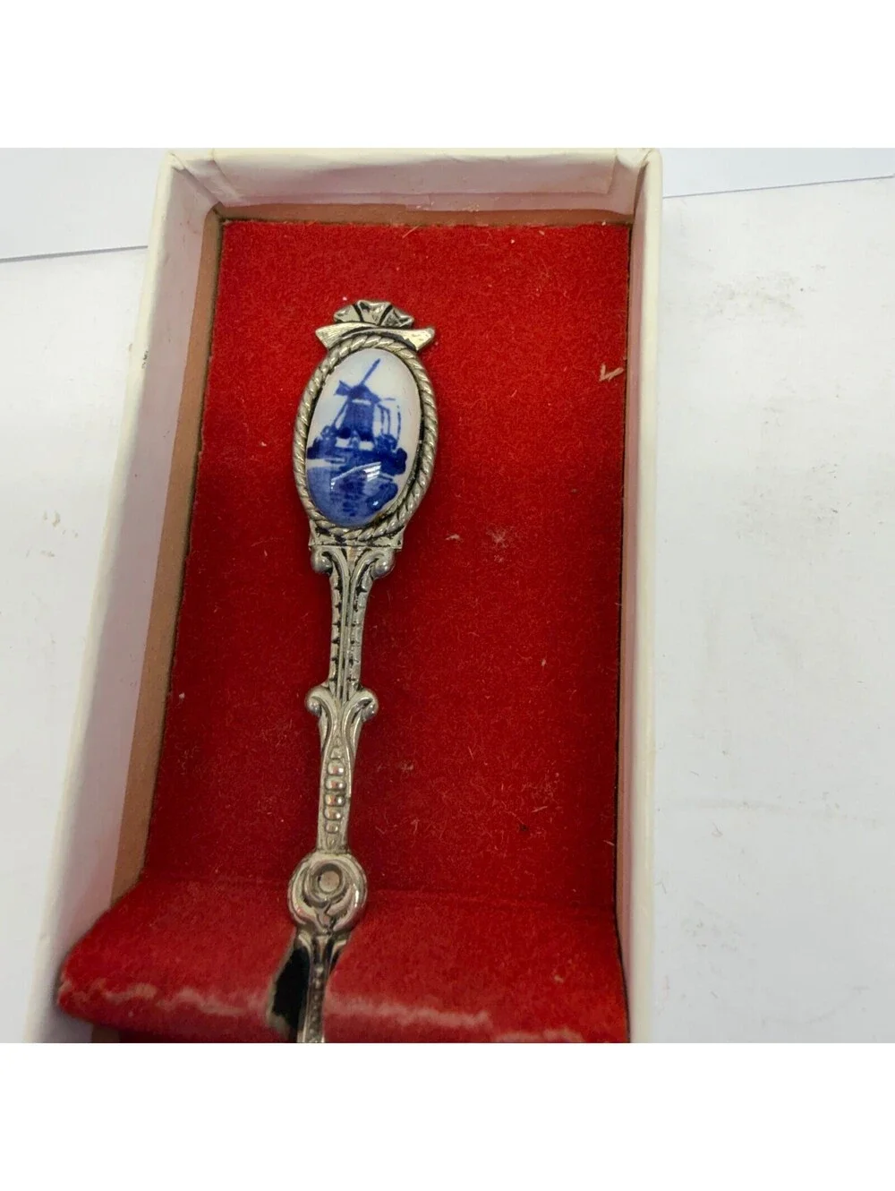 Vintage Dutch Windmill Souvenir Spoon with Ceramic Inlay in Box